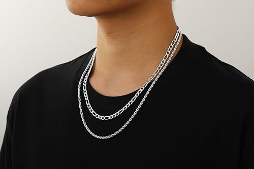 Layered Stainless Steel Chain Necklaces for Men Boys, 2Pcs Cuban Link/Rope/Herringbone Chains Jewelry Gifts, 16 "/18 ", 18 "/20 ", 20 "/22 ", 22 "/24 " - color: Silver, size: 20IN/22IN, style: Figaro/ Rope Chain Set