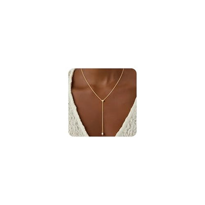 14K Gold Plated Layered Lariat Necklace for Women - Waterproof Non-Tarnish Dainty Gold Chain Necklace, Long Boho Statement Jewelry for Wedding, Prom, Summer Vacation Gifts - color: Two CZ Y Necklace-Gold