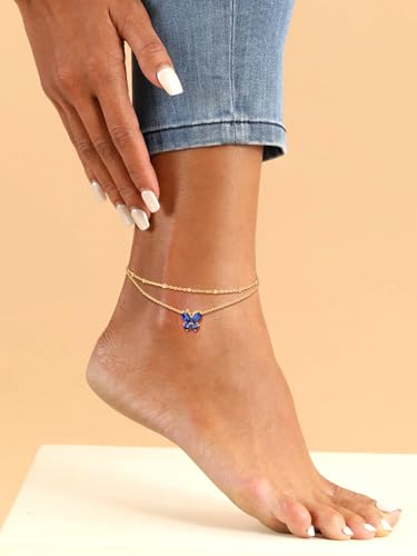 Suplight Gold Plated Butterfly Anklets for Women Waterproof, Layered Boho Ankle Bracelet with Birthstone, Stainless Steel Adjustable Non-Tarnish Heart Foot Jewelry Beach Vacation - color: 09. Butterfly-Sept. Sapphire
