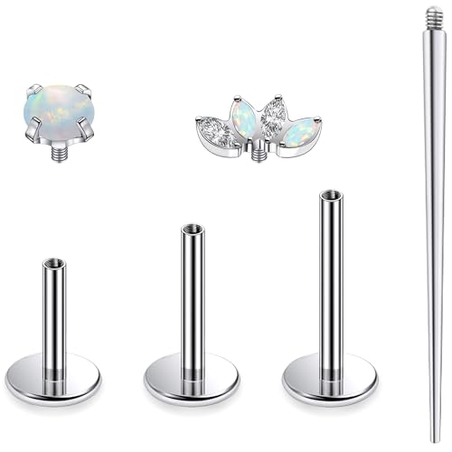 Titanium Flat Back Lip Rings Internally Threaded Earrings Studs Nose Rings 16G Opal CZ Tragus Cartilage Lobe Rook Helix Conch Labret Medusa Piercing Jewelry for Women Men W Piercing Taper Set - style: Four Opal & CZ