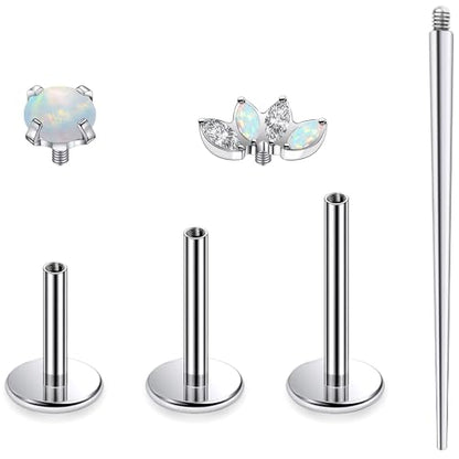Titanium Flat Back Lip Rings Internally Threaded Earrings Studs Nose Rings 16G Opal CZ Tragus Cartilage Lobe Rook Helix Conch Labret Medusa Piercing Jewelry for Women Men W Piercing Taper Set - style: Four Opal & CZ