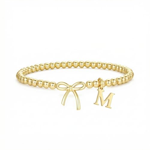 Letter A-Z Bracelets for Women Teen - Inital Beaded Bracelet with Bowknot Charm, Dainty Stretch Stackable Bracelet, Trendy Jewelry Gifts for Birthday Easter Basket Stuffers - style: Gold: M