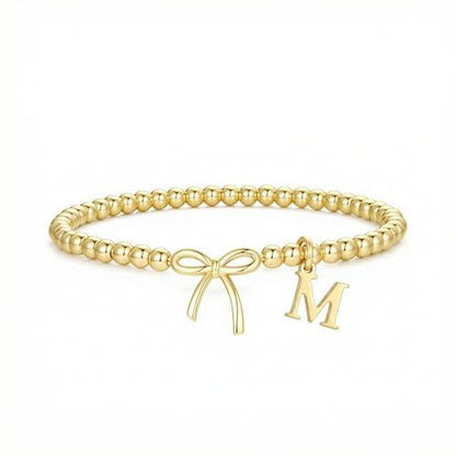 Letter A-Z Bracelets for Women Teen - Inital Beaded Bracelet with Bowknot Charm, Dainty Stretch Stackable Bracelet, Trendy Jewelry Gifts for Birthday Easter Basket Stuffers - style: Gold: M