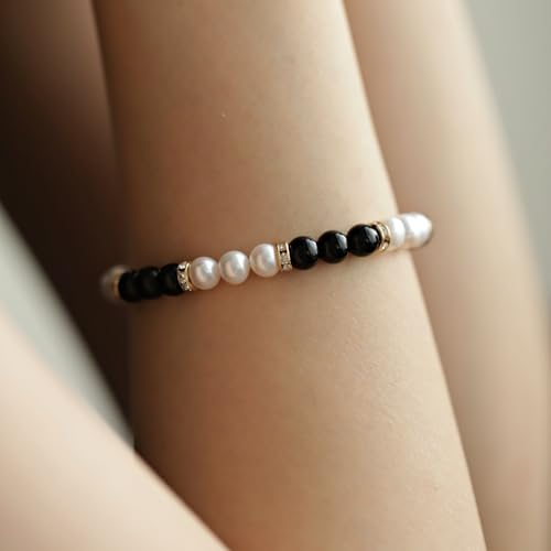 Natural White Pearl Black Obsidian 6mm Bead Adjustable Vintage Bracelet Jewelry Gift for Women