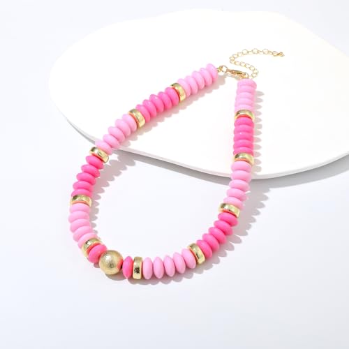 RISHEGAE Chunky Beaded Necklace for Women Boho Resin Beaded Choker Necklace Adjustable Surfer Beach Strand Necklaces Gold Handmade Acrylic Beads Jewelry Gift for Women - color: Style 4pink
