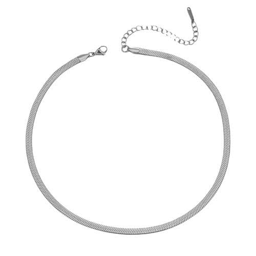 Flat Herringbone Snake Chain Serpentine Necklace For Women Minimalist Adjustable Layering Chic Everyday Gold Tone Silver Tone 3mm 4mm 5mm (Silver 5mm, 17.7+2)