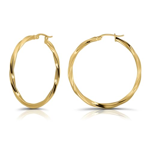 Hoops & Loops 925 Sterling Silver Twisted Hoop Earrings for Women - Hypoallergenic 14K Gold, Rose Gold, Black Flash Plated 2mm Thin Twist Design Round Click-Top Hoops, 15/20/25/30/35/40/50/60mm - color: Gold-35mm (1.38 inch)