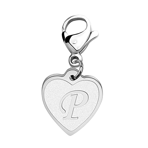 FAADBUK Initial Letter A-Z Alphabet Heart Charms for Jewelry Bracelet Keychain Necklace Initial Stainless steel Clasp Clip on Charm - color: intial P
