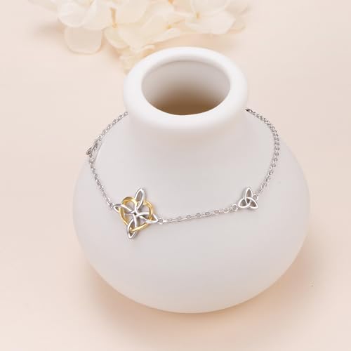 FLYOW 925 Sterling Silver Good Luck Irish Jewelry Triquetra Trinity Celtic Witches Knot Bracelet for Women - color: Silver and Golden