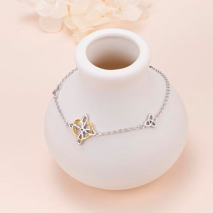 FLYOW 925 Sterling Silver Good Luck Irish Jewelry Triquetra Trinity Celtic Witches Knot Bracelet for Women - color: Silver and Golden