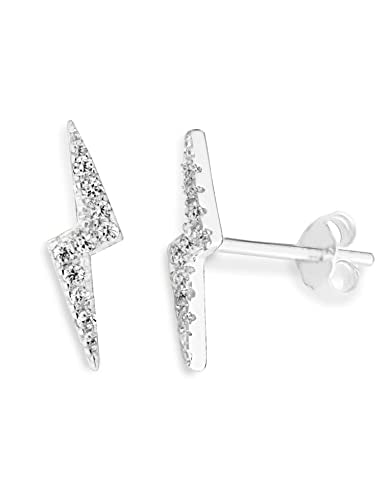 Altitude Boutique Cubic Zirconia Lightning Bolt Earrings | CZ Gold Stud Earrings for Women | Hypoallergenic Geometric Punk Earrings - color: Silver