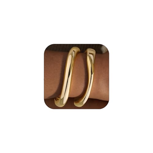 Gold Bangle Bracelets for Women Cuff Stackable Waterproof Non Tarnish Bracelet Stack Silver Plated 14k Chunky Bangles Jewelry Set for Woman - style: Style 14