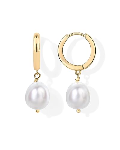 PAVOI 14K Gold Plated S925 Sterling Silver Post Lightweight Drop Dangle Huggie Hoop Earrings for Women | Star, Lock, Pearl, Cross, Lightening, Coin | Dainty Earrings - style: Pearl