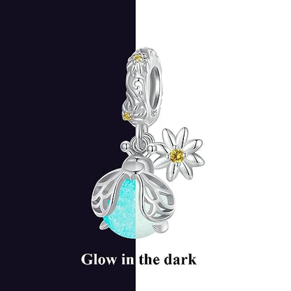BISAER 925 Sterling Silver Charms for Bracelets Cat Dog Sloth Animal Beads Butterfly Fairy Heart Dangle Pendant Charms - color: Luminous Glowworm