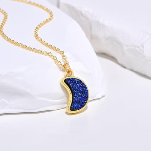 Adabele Natural Druzy Necklace Small Tiny Moon Gemstone Pendant 18 inch Sparkly Agate Stone Crystal Women Jewelry Tarnish Resistant Stainless Steel/Gold Plated Chain - color: Purple blue druzy - gold plated