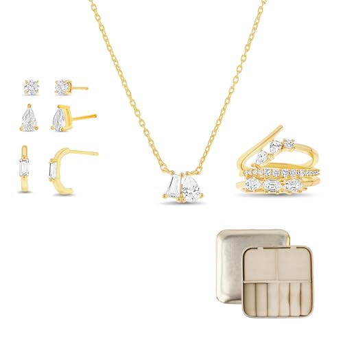 Devin Rose 7 Pcs Cubic Zirconia Trend Necklace Stack Ring Stud Earring Set for Women in Metallic Travel Case Organizer Gift Jewelry Box with Lid