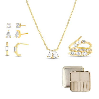 Devin Rose 7 Pcs Cubic Zirconia Trend Necklace Stack Ring Stud Earring Set for Women in Metallic Travel Case Organizer Gift Jewelry Box with Lid