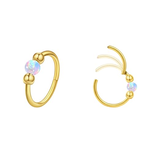2PCS 18G Opal Cartilage Hoop Earrings, Hypoallergenic Silver Huggie Hoops | 316L Surgical Stainless Steel, 8mm 10mm sizes, hinged closure for easy wear, helix, tragus, conch, nose and daily styling - style: 2Pcs 10mm White Opal/Gold
