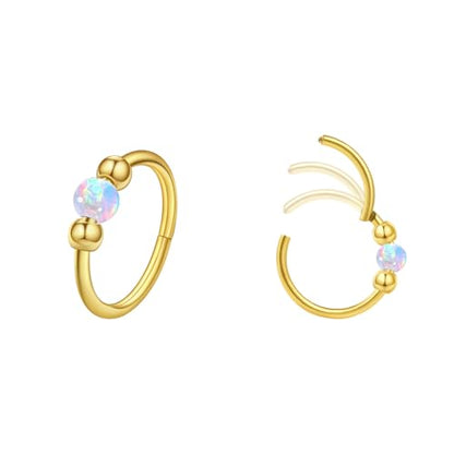 2PCS 18G Opal Cartilage Hoop Earrings, Hypoallergenic Silver Huggie Hoops | 316L Surgical Stainless Steel, 8mm 10mm sizes, hinged closure for easy wear, helix, tragus, conch, nose and daily styling - style: 2Pcs 10mm White Opal/Gold