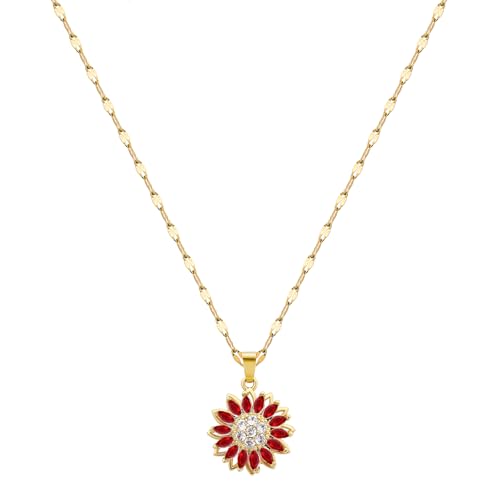 Sunflower Fidget Necklace for Women Gold Moon Necklace Rotating Heart Necklaces Spinning Crystal Flower Anxiety Necklaces Crescent Moons Jewelry Accessories - color: Gold Red