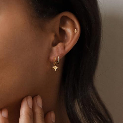 Gold Plated Earrings for Women, 14k Gold Plated Earring Stack Hypoallergenic Pearl Drop Earring Dainty Earrings for Women Trendy Cute Small Huggie Hoop Earring Fashion Womens Jewelry - color: star set