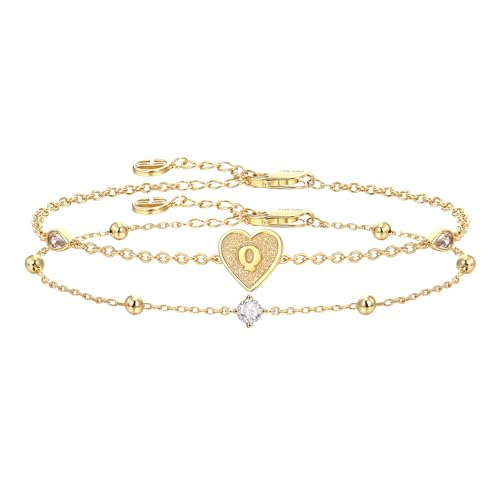 Cicy Bell Gold Heart Initial Bracelets for Women Gifts Dainty 18K Gold Plated Cubic Zirconia Personalized A-Z Name Chain Link Charm Bracelet Non Tarnish Birthday Jewelry Gifts for Her - color: Style 1-Q-Gold