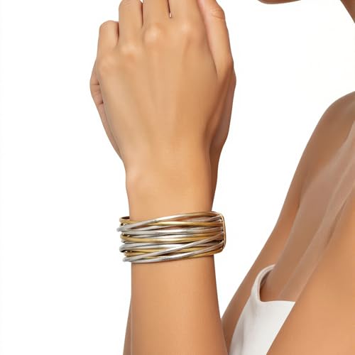 Edoneery Leather Wrap Bracelets for Women, Boho Layered Cuff Bangle | Multi-layer Leather Cuff, Daily wear, Stackable Bangle, Easy on-off, Western Jewelry Gifts for Women - color: Gold and Silver