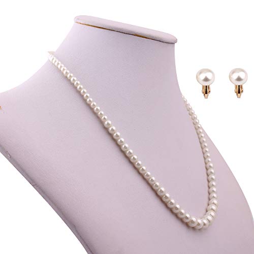 Handmade Faux Pearl Necklace and Clip on Earrings Jewelry Sets for Women Bib Choker Collar Necklace - color: 47cm Necklace+Clip Earrings