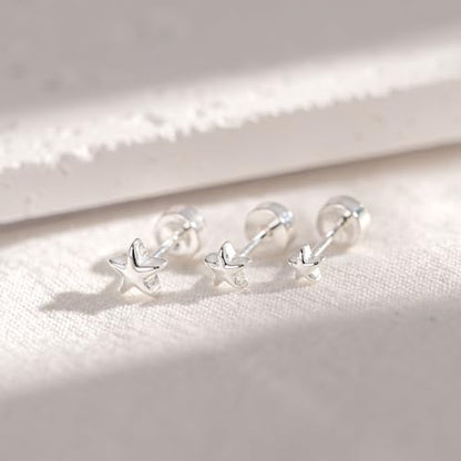 3 Pair Tiny Flat Back Earrings for Women - 14K Gold/White Gold Plated Dainty Cute Small Screw Flatback Stud Earring, Everyday Wear Gift - color: Star Flat-4/5/6mm Silver
