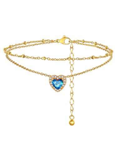 FindChic Bling Heart Birthstone Anklets Layered Beaded Ankle Bracelets for Women Gold/Black/Silver 12 Month Gem Colors Foot Chain Summer Jewelry for Girls, with Gift Box - color: Gold, style: 12. Dec.-Created Blue Topaz