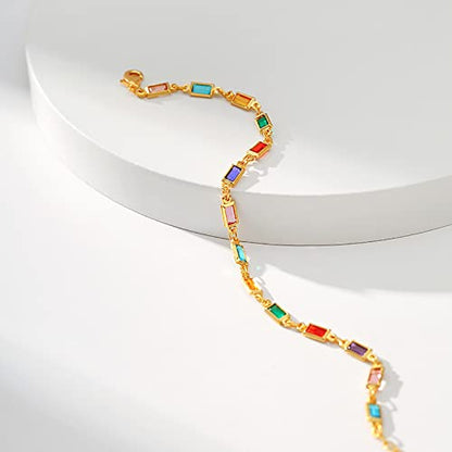 Dainty Gold Bracelets for Women, 18 Gold Plated Adjustable Evil Eye/Butterfly/Beaded/Pearl/Heart/Turquoise Handmade Bracelet for Women - style: Square Crystal