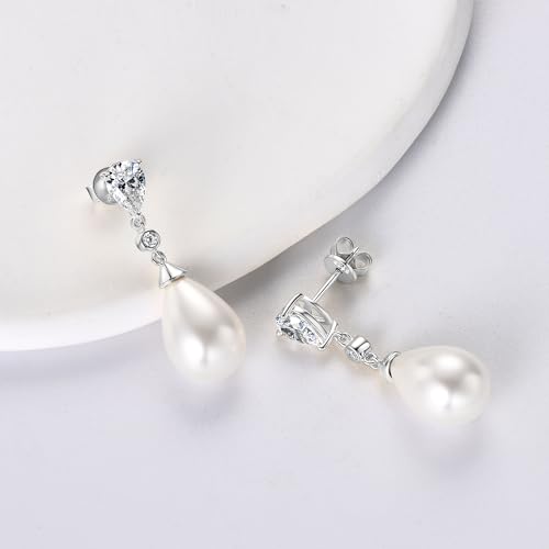 925 Sterling Silver Pearl Drop Earrings for Women, June Birthstone Long Dangle Pearl Jewelry Gifts for Her - color: 13mm Silver