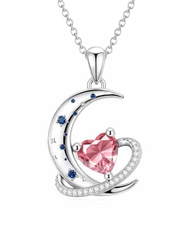 Birthstone Necklace for Women White Gold Moon and Star Pendant Moon Jewelry Anniversary Birthday Gifts for Mom Wife Her - color: 10. October - Pink Tourmaline