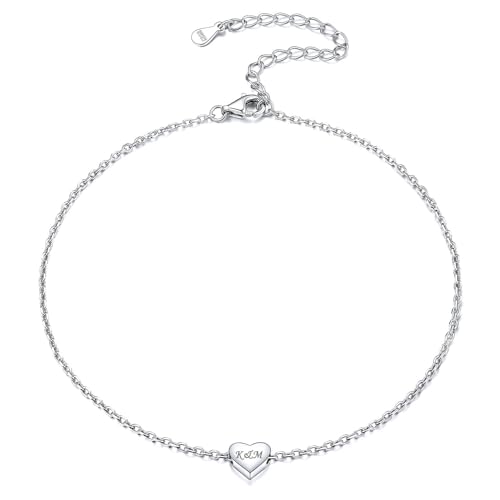 ChicSilver Personalized 925 Sterling Silver Tiny Heart/Moon/Star/Sun/Dot/Triangle Anklets Simple Dainty Foot Jewelry for Women, Silver/Gold Plated/Rose Gold Plated - style: Silver Heart Custom
