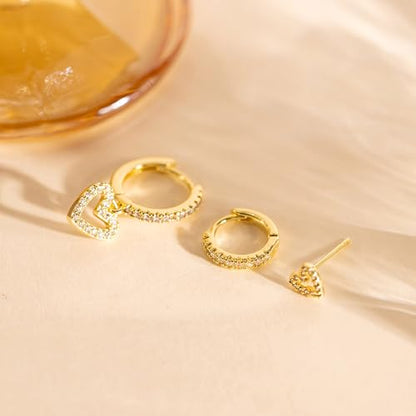 3 Pairs Earring Stacks, Gold Earring Set Jewelry Gift for Women | Small, 14K Gold/White Gold/Black/Rose Gold Plated, Hypoallergenic, Her, Everday, Stackable, Simple, 3 Holes - color: Gold-Diamond Heart