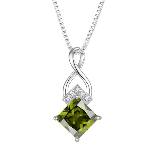 Infinity Necklace 925 Sterling Silver Princess Cut Pendant Birthstone Jewelry for Women - color: Olive Green