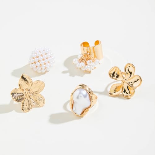 Statement Pearls Cluster Large Irregular Baroque Pearl Rings for Women Vintage Textured Flower Polished Floral Finger Ring Set Punk Cocktail Party Jewelry