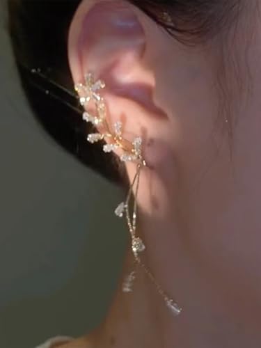 2PCS Flower Tassel Zircon Earrings Ear Cuffs No Piercing Flower Climber Wrap Around Earrings Pearl Drop Earrings for Women Fairy Ear Clip Dainty Wedding Earrings for Brides - color: Style 2 - Gold