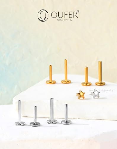 OUFER G23 Titanium Threadless Labret Studs – Flat Back Push Pin Earrings for Tragus, Helix, Monroe, Conch, Lip Piercing – 16G/18G, 6MM/8MM - color: Gold-5Star, size: 18g 6mm