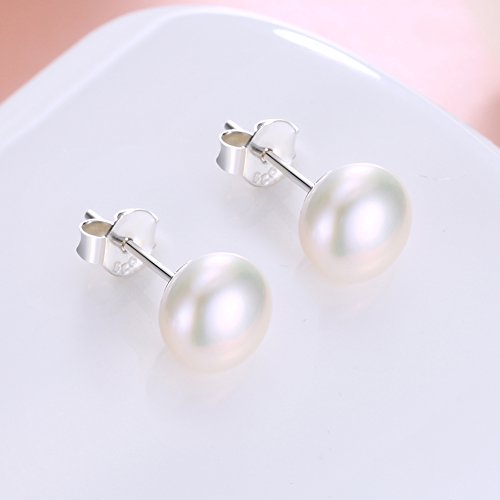 ALYC Pearl Earrings Freshwater Pearl White Button Stud Earrings with 925 Sterling Silver for Women - size: 8.5-9.0mm