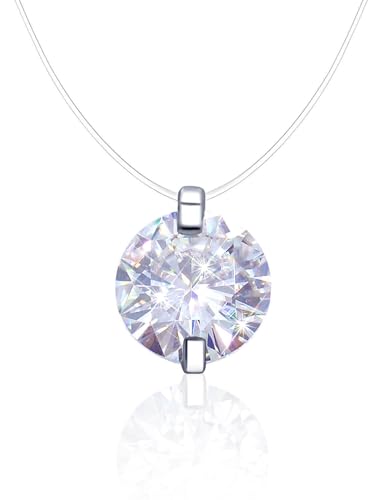 Teardrop 925 Silver CZ Floating Pendant Necklace 16 Inch Cubic Zirconia Invisible Necklace, Hypoallergenic, Jewelry Gifts for Women Anniversary Birthday - color: Round-Shaped_6MM