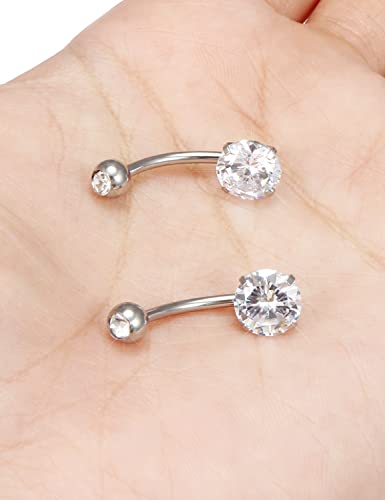 Long Belly Button Ring 6mm 8mm 10mm 12mm 14mm Surgical Stainless Steel Round Cubic Zirconia Navel Barbell Long Bar Belly Button Piercing Jewelry Silver, black, rose gold belly ring - color: 2pcs-12mm-Silver navel ring