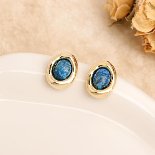 Jean Beau Chunky Gold Stone Stud Earrings for Women, Trendy Natural Gemstone Hypoallergenic Earing Valentine Jewelry Gift - color: Lapis Lazuli