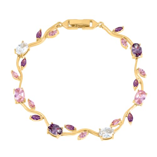 Tulip Flower Bracelet for Women 14K Gold Plated Stainless Steel with Colorful Cubic Zircon Dainty Cute Pink Rose Floral Jewelry Gift for Her Crystal Flower Leaf Bracelets -7.5inch/190mm - color: Pink Purple Gold