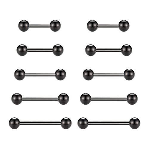 GAGABODY 5 Pairs Nipple & Tongue Rings - 14G Surgical Steel Screw Barbell - Straight, 12mm-20mm - color: Black