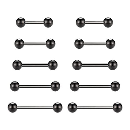 GAGABODY 5 Pairs Nipple & Tongue Rings - 14G Surgical Steel Screw Barbell - Straight, 12mm-20mm - color: Black