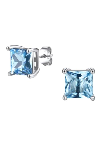 FindChic 2 Carat Birthstone Stud Earrings for Women, Round/Heart/Princess Cut Stud Earrings, Hypoallergenic Studs with 925 Sterling Silver Posts, 12 Months Birthday Jewelry Gift - color: 03. March-Aquamarine(Princess Cut)