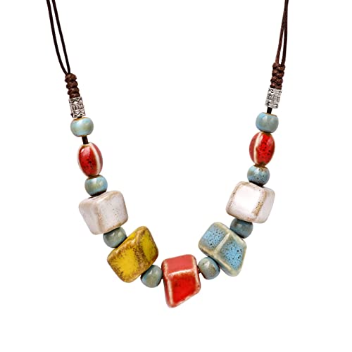 MINACHI Bohemian Hippie Colorful Ceramic Geometric Bead Strand Necklace, Vintage Boho Statement Jewelry Gift for Women - color: S01A