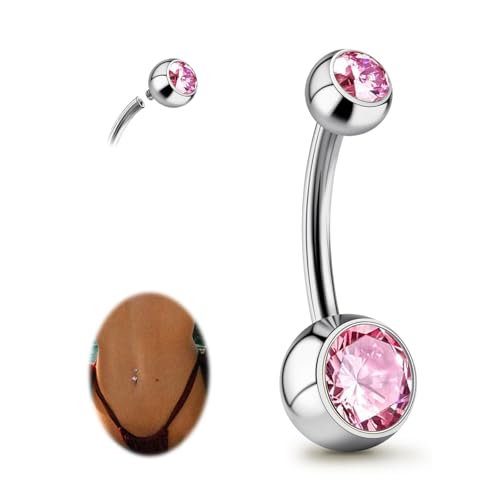 1PC/2PC/3PC G23 Titanium Belly Button Rings 14G 1.6MM Round Cubic Zirconia Belly Rings 6 Sizes of Length to Choose Navel Barbell Belly Piercing Jewelry for Women Men - color: Pink
