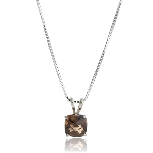 MAX + STONE 925 Sterling Silver Cushion Cut Birthstone Necklace for Women | 6mm Hypoallergenic Solitaire Necklace | Gemstone Pendant Necklaces with 18 inch Box Chain - color: Smoky Quartz